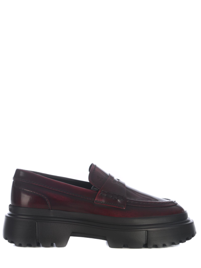 Shop Hogan Loafers  H619 In Abrasive Leather In Bordeau