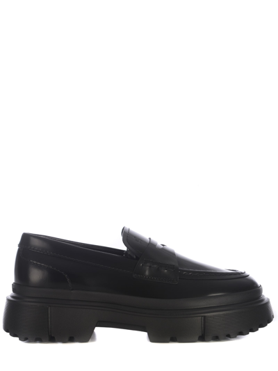 Shop Hogan Loafers  H619 In Abrasive Leather In Nero