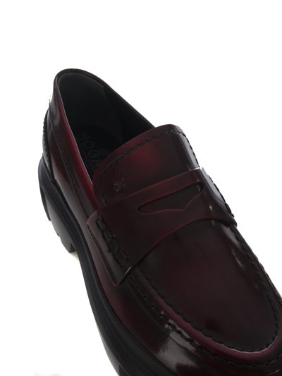 Shop Hogan Loafers  H619 In Abrasive Leather In Bordeau
