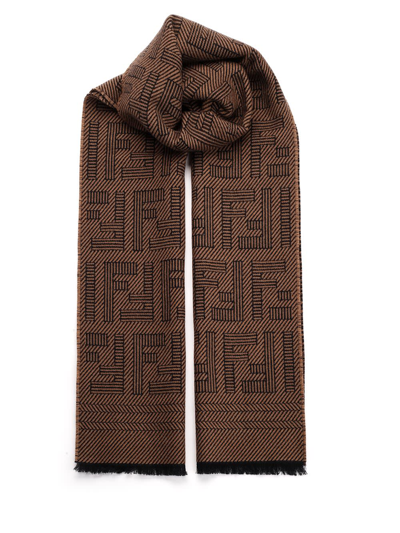 Shop Fendi Brown Wool And Silk Scarf
