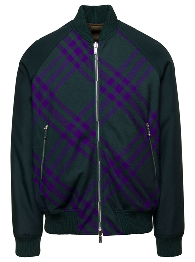 Shop Burberry Green Reversible Bomber Jacket With Check Motif And Equestrian Knight Patch In Wool Blend Man