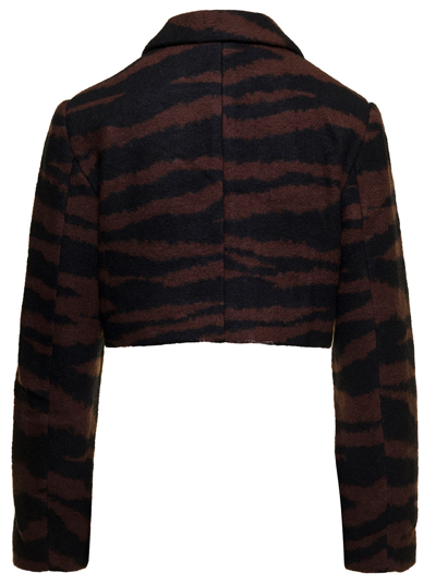 Shop Ganni Brown Cropped Jacket With Zebra Motif In Wool Woman In Black