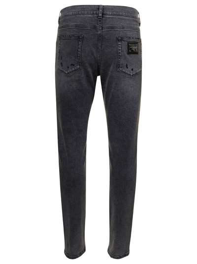 Shop Dolce & Gabbana Grey Five-pockets Slim Jeans With Logo Plaque In Stretch Cotton Denim Man