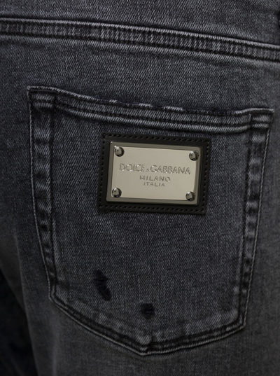 Shop Dolce & Gabbana Grey Five-pockets Slim Jeans With Logo Plaque In Stretch Cotton Denim Man
