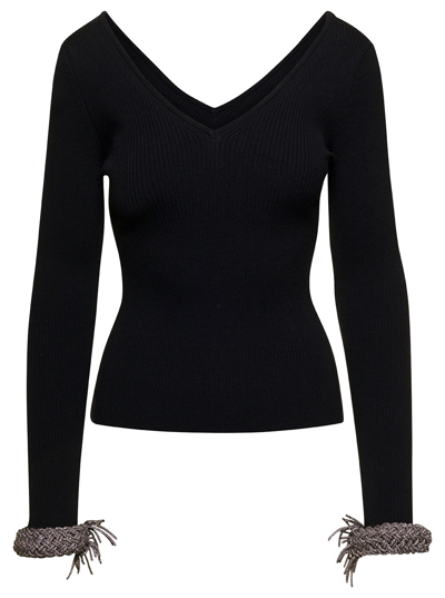 Shop Giuseppe Di Morabito Black Top With V Neckline And Embellished Wrist In Wool Blend Woman