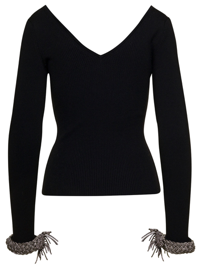 Shop Giuseppe Di Morabito Black Top With V Neckline And Embellished Wrist In Wool Blend Woman
