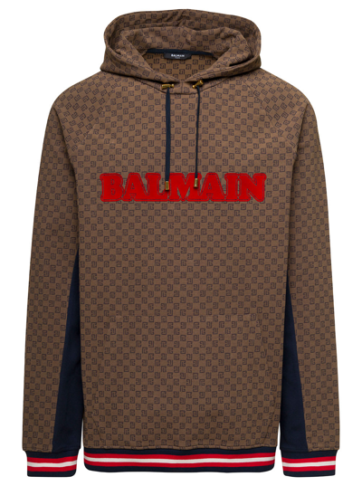 Shop Balmain Brown Hoodie With All-over Retro Monogram Print In Cotton Man