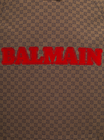 Shop Balmain Brown Hoodie With All-over Retro Monogram Print In Cotton Man