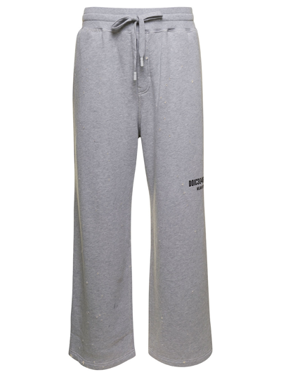 Shop Dolce & Gabbana Grey Jogger Pants With Drawstring And Logo Print In Cotton Man