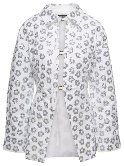 Shop Jacquemus La Chemise Lavoir Brodéè White Shirt With Paillettes Embroidery In Stretch Cotton Woman