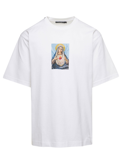Shop Dolce & Gabbana White Crewneck T-shirt With Print And Fusible Rhinestone In Cotton Man