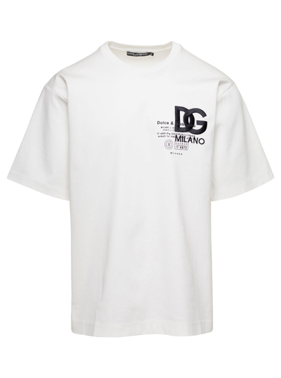 Shop Dolce & Gabbana White Crewneck T-shirt With Contrasting Logo Print In Cotton Man