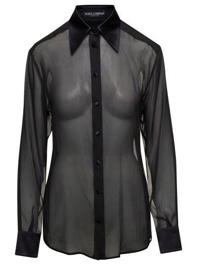 Shop Dolce & Gabbana Black Sheer Shirt With Pointed Collar In Stretch Silk Woman