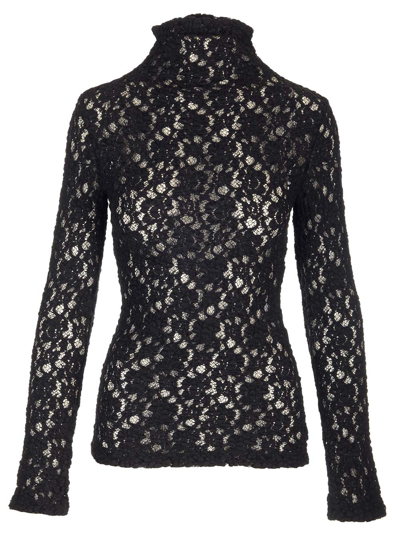 Chloé Turtleneck Long-sleeve Smocked Lace Top In Black