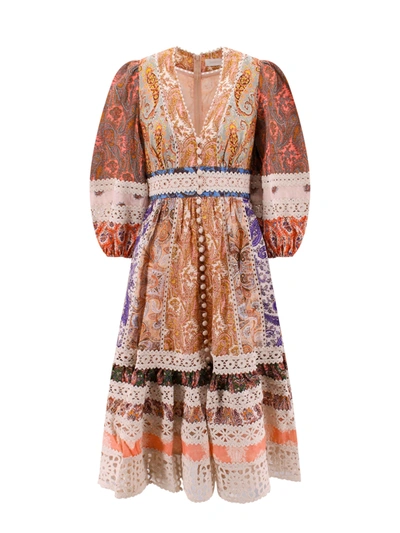 Shop Zimmermann Linen Midi Dress With Spliced Paisley Print