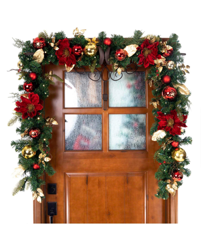 Village Lighting Company 9' Artificial Christmas Garland With Lights, Golden-tone Leaf Red Magnolia In Assorted
