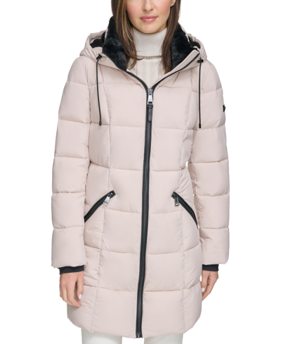 Shop Dkny Women's Faux-fur-trim Hooded Puffer Coat, Created For Macy's In Pebble