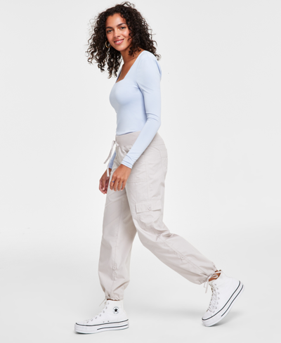 Shop Crave Fame Juniors' High-rise Pull-on Cargo Pants In Taupe