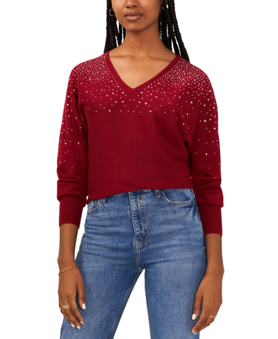 Shop Sam & Jess Women's V-neck Embellished Long-sleeve Sweater In Red