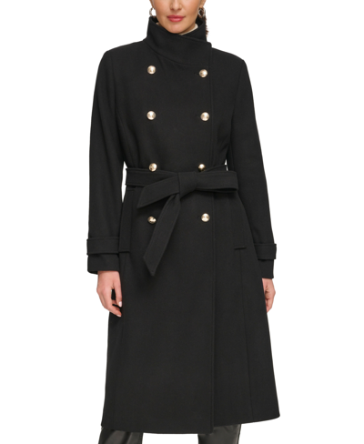 Shop Dkny Women's Double-breasted Wool Blend Belted Coat In Black