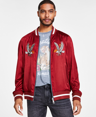 Shop Guess Men's Irvine Reversible Embroidered Bomber Jacket In South Coast Blue