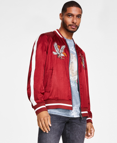 Shop Guess Men's Irvine Reversible Embroidered Bomber Jacket In South Coast Blue