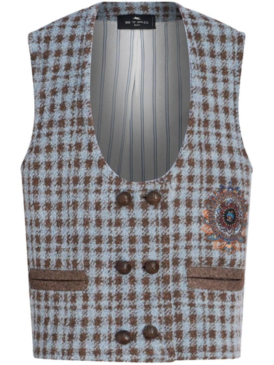 Shop Etro Houndstooth Embroidered Waistcoat In Grey