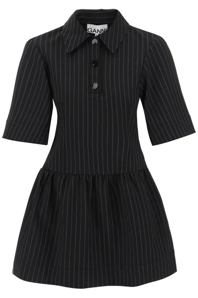 Shop Ganni Collared Pinstripe Mini Dress In Black