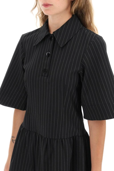 Shop Ganni Collared Pinstripe Mini Dress In Black