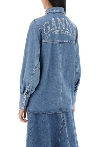 Shop Ganni Rhinestone-studded Lettering Denim Shirt In Blue