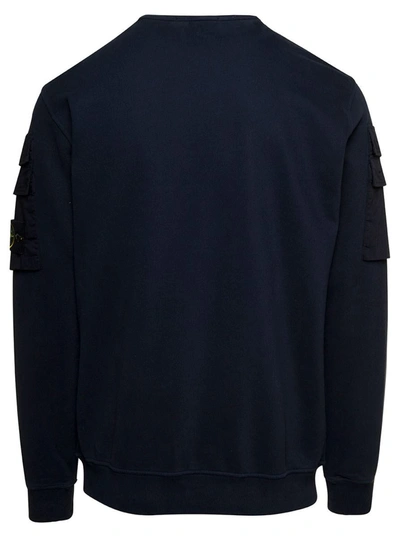 Shop Stone Island Blue Crewneck Sweatshirt With Pockets On Sleeves And Logo Patch In Cotton Man