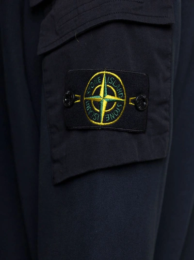 Shop Stone Island Blue Crewneck Sweatshirt With Pockets On Sleeves And Logo Patch In Cotton Man