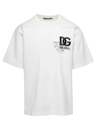 Shop Dolce & Gabbana White Crewneck T-shirt With Contrasting Logo Print In Cotton Man