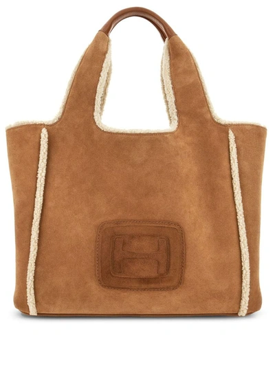 Shop Hogan H-bag Sheepskin Shopping Bag In Leather Brown