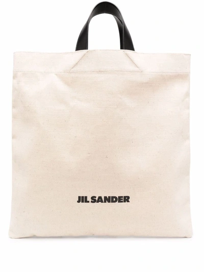 Shop Jil Sander Linen Canvas Logo Shopping Bag In Beige