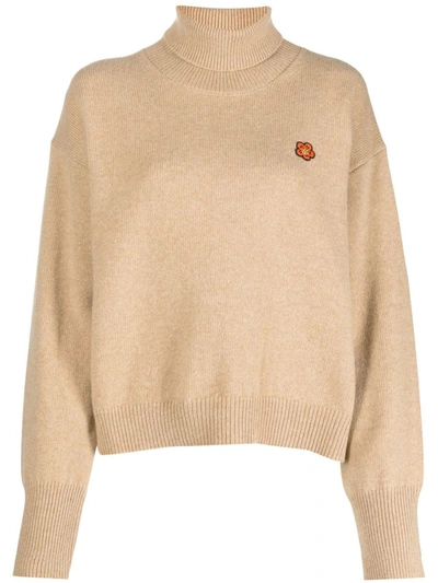 Shop Kenzo High Neck Sweater With Application In Brown