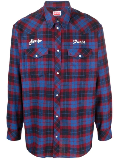 Shop Kenzo Wool Blend Checked Shirt In Blue