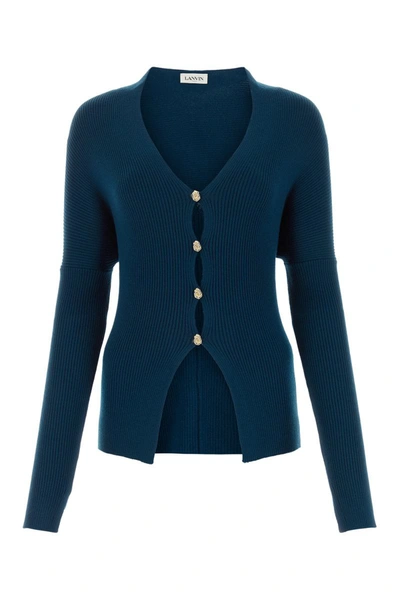 Lanvin Stretch Wool Blend Cardigan With Cut-out Cuffs In Sapphire