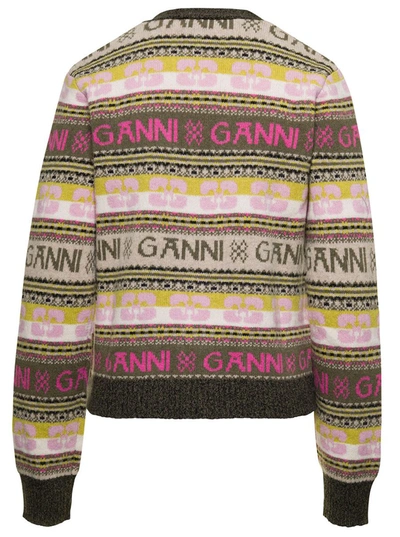 Shop Ganni Multicolor Cardigan With Logo Motif Jacquard In Wool Blend Woman In Beige
