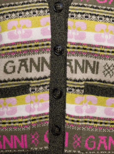 Shop Ganni Multicolor Cardigan With Logo Motif Jacquard In Wool Blend Woman In Beige