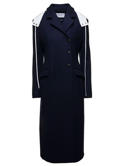 Shop Ferragamo Long Blue Coat With Contrasting Detachable Hood In Wool Woman