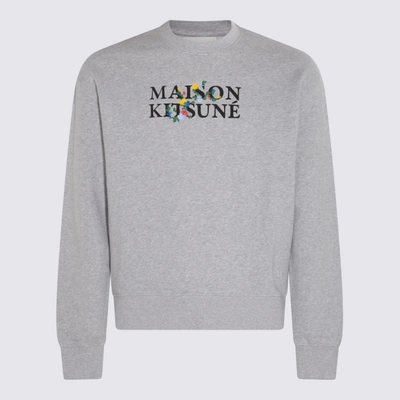 Shop Maison Kitsuné Light Grey Melange Flower Lettering Sweatshirt