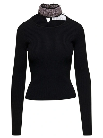 Shop Giuseppe Di Morabito Black Top Wuth Embellished Neck And Cut-out In Wool Blend Woman