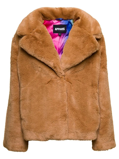 Shop Apparis 'milly' Brown Jacket With Revers Collar In Eco Fur Woman In Beige
