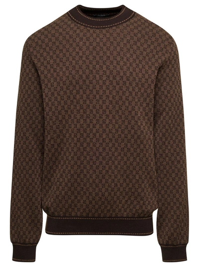 Shop Balmain Brown Crewneck Sweater With All-over Retro Monogram Print In Stretch Wool Man
