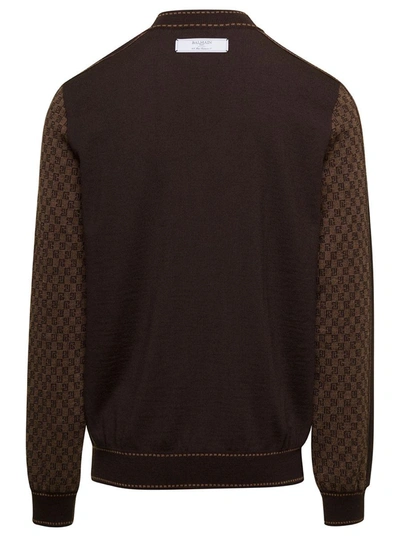 Shop Balmain Brown Crewneck Sweater With All-over Retro Monogram Print In Stretch Wool Man