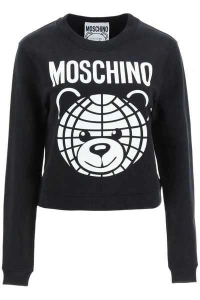 Shop Moschino Cropped Sweatshirt With Teddy Print In Black