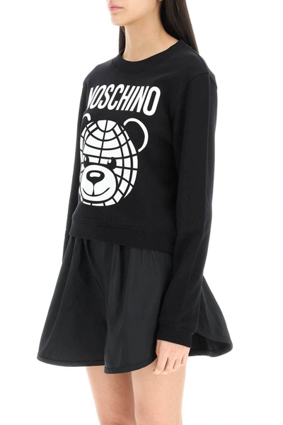 Shop Moschino Cropped Sweatshirt With Teddy Print In Black