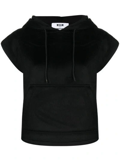 Shop Msgm Cap-sleeve Brushed-effect Hoodie In Black