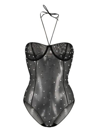 Shop Oseree Oséree Halterneck Bodysuit Embellished With Crystals In Black